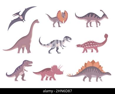 Ensemble de dinosaures carnivores et herbivores anciens. Pteranodon, tyrannosaurus, Raptor, stegosaurus, triceratops. Lézards éteints du Jurassic per Illustration de Vecteur