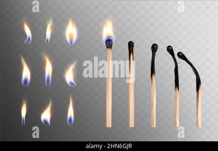 Illustration réaliste de 3D vecteurs de allumettes en bois entier et brûlé et de différents ensembles d'icônes de flamme. Les étapes de match ou de brûlure de bâton de bois ou d'allumage du feu isolé sur fond transparent. Illustration de Vecteur