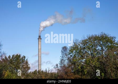 Un paysage d'une cheminée industrielle d'usine, fumage contre un ciel bleu. Banque D'Images