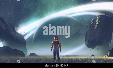 Scène SCI-fi montrant un homme futuriste debout dans un champ regardant la planète avec des anneaux géants, style d'art numérique, peinture d'illustration Banque D'Images
