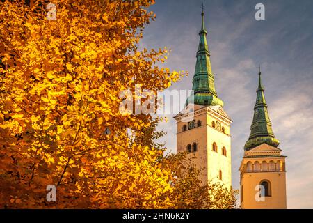 La ville de Zilina avec la tour de l'église de la Sainte Trinité et la tour Burian à l'automne, Slovaquie, Europe. Banque D'Images