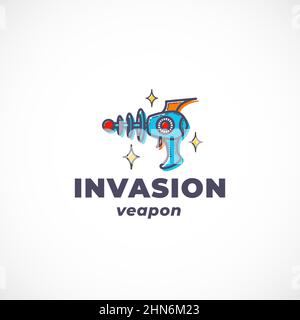 Alien invasion Weapon Abstract Vector Sign, Symbol, logo Template. Outline Retro Fantastic Gun Silhouette avec Typographie moderne. Science-fiction Illustration de Vecteur