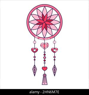 Icône boho rétro de la Saint-Valentin du dreamcatcher. Symboles d'amour dans le style pop Line très tendance. La figure des rêves de coeur attrape dans le rose doux Illustration de Vecteur