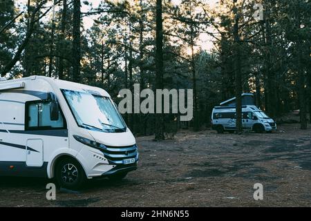 Camping sauvage avec deux camping-cars garés. Forêt sauvage et pittoresque detination de bois pour le transport voyage vacances et wanderlust vanlife lifesyl Banque D'Images