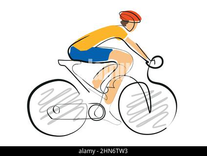 Cycliste, dessin animé stylisé. Illustration stylisée d'un homme sur une bicyclette. Conception de dessin en ligne continue. Vecteur disponible. Illustration de Vecteur