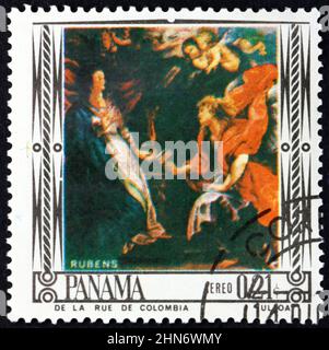 PANAMA - VERS 1966: Un timbre imprimé au Panama montre l'Annonciation, peinture par Peter Paul Rubens, un peintre flamand, vers 1966 Banque D'Images