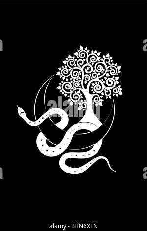 Serpent blanc sur la Lune du croissant et arbre de vie. Géométrie sacrée, symbole de la déesse mystique céleste païenne de Wiccan. Demi-lune wicca bannière signe, tatouage Illustration de Vecteur