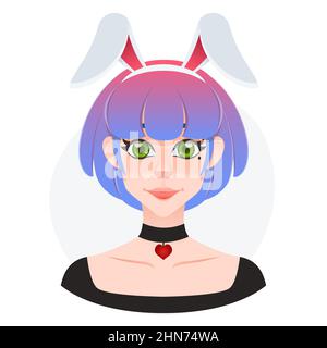 Joli jeune femme avatar de dessin animé. Beauté des cheveux courts avec des oreilles de lapin acessory. Fille dans le pays des merveilles. Coiffure en dégradé Illustration de Vecteur