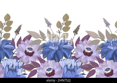 Motif fleuri vectoriel sans couture, bordure. Illustration panoramique horizontale avec couleurs bleu et magenta. Illustration de Vecteur