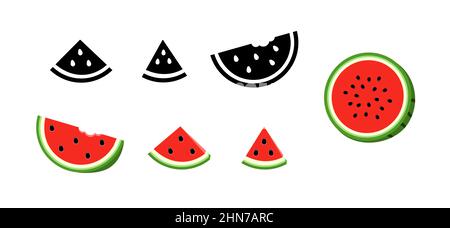 Définir les icônes de pastèque en noir et rouge. Demi-ensemble, pièce ronde et tranche triangulaire. Illustration de Vecteur