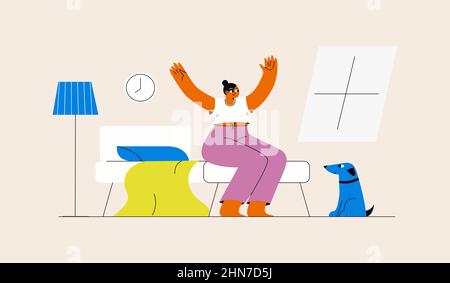 Bonne femme se réveillant le matin. Personne assise sur le lit et bras d'étirement. Illustration vectorielle plate, concept de bien-être Illustration de Vecteur