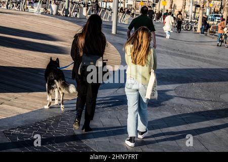Tel Aviv, Israël - 13 février 2022 les personnes non identifiées qui marchent sur la Promenade de tel Aviv, communément appelée en hébreu simplement Tayelet, font du son Banque D'Images