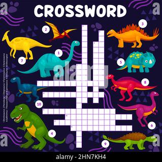 Caricature de dinosaures, feuille de travail de vecteur de mots croisés ou jeu de quiz de mots. Grille de jeu de mots croisés pour enfants avec Jurassic dino brontosaurus, ptérod Illustration de Vecteur