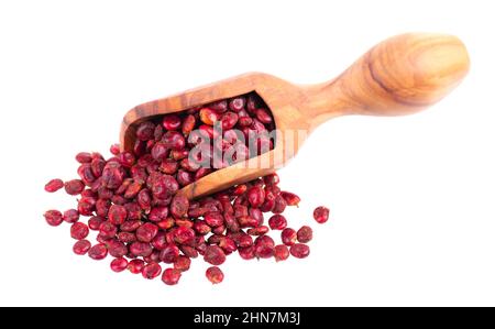 Graines de Sumac en pelle en bois, isolées sur fond blanc. Baie de Rhus sèche Banque D'Images