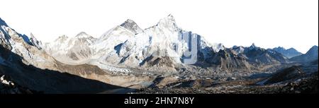 Vue panoramique en soirée du mont Everest isolée sur fond de ciel blanc de Kala Patthar, parc national de Sagarmatha, Khumbu walley, Solukhumbu, Népal Banque D'Images