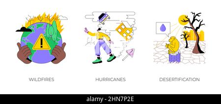 Jeu d'illustrations vectorielles abstraites de catastrophes naturelles. Les feux de forêt et les ouragans, la désertification et le pré-projet, le problème de la déforestation, le changement climatique, le réchauffement de la planète, métaphore abstraite de lutte contre les incendies. Illustration de Vecteur