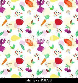 Motif sans couture sur fond blanc. Journée mondiale de l'alimentation. Octobre 16. Légumes et fruits, champignons, herbes et épices. Convient aux textiles et aux emballages Illustration de Vecteur