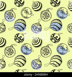 Fond festif sans couture. Éléments d'hiver Doodle. Boules sur l'arbre de Noël. Nouvelle année. Décorations avec un motif différent. Illustration de Vecteur