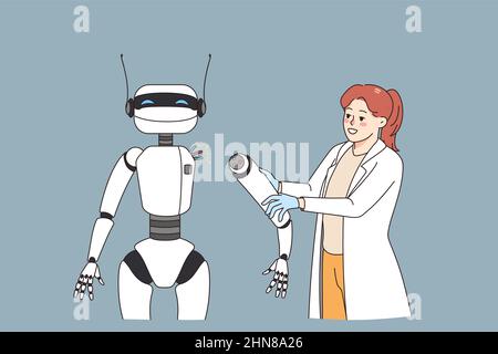 Femme souriante chercheuse connecter la main à la programmation d'étude de robot. Bonne femme travail professionnel avec humanoid ou cyborg. Technologie et ai. Intelligence artificielle. Illustration vectorielle. Illustration de Vecteur