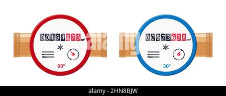 Compteur d'eau. Compteurs automatiques pour l'eau froide et chaude. Appareils sanitaires de mesure ménagers ou industriels de style plat. Illustration vectorielle Illustration de Vecteur