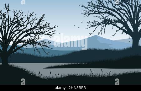 Vue incroyable sur la montagne depuis le bord de la rivière avec une silhouette esthétique de sapins secs autour.illustration vectorielle d'une ville Illustration de Vecteur