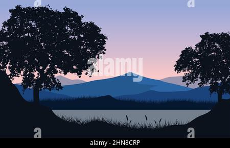 Vue incroyable sur la montagne depuis le bord de la rivière au coucher du soleil avec silhouette esthétique de sapins.Illustration vectorielle d'une ville Illustration de Vecteur