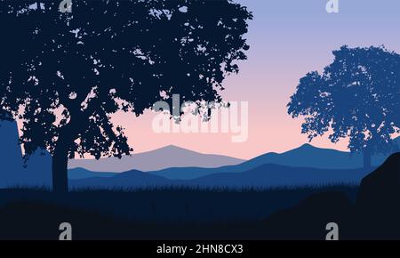Panorama de montagne esthétique avec la silhouette de sapins au coucher du soleil de l'extérieur de la ville.illustration vectorielle d'une ville Illustration de Vecteur
