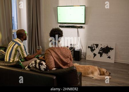 Vue arrière d'un couple africain assis sur un canapé et buvant du vin pendant qu'il regardait un film à la télévision avec un chien couché sur le sol Banque D'Images
