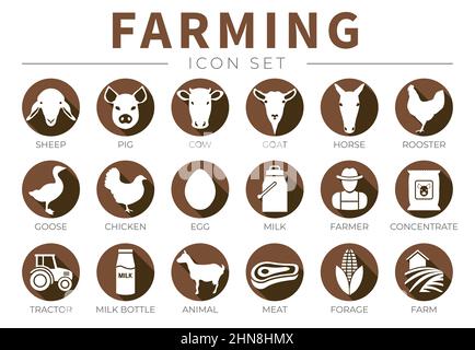 Ensemble d'icônes d'agriculture brune avec animaux de ferme de mouton, porc, vache, chèvre, cheval, Coq, OIE, poulet, œuf, lait, Agriculteur, concentré, tracteur, bouteille, an Illustration de Vecteur