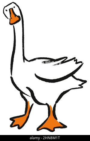 Dessin d'oie Doodle drôle personnage de dessin animé simple illustration vectorielle. Dessin au trait à la main Illustration de Vecteur