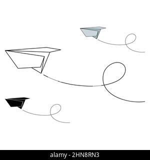 Ensemble de trois types d'illustrations vectorielles des icônes de plan de papier.Contour simple, silhouette et couleur papier avion isolé sur fond blanc.Icône s Illustration de Vecteur