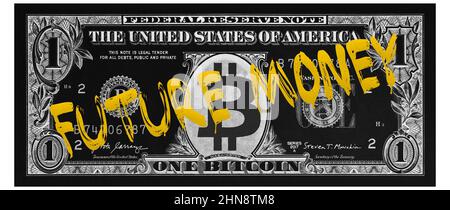 Future argent texte or 1 un Bitcoin Banknote , US 1 très détaillé dollar banknote Banque D'Images