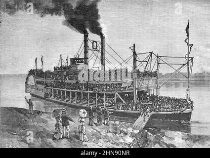 Passagers à bord d'un bateau à vapeur ou d'un bateau à vapeur à aubes sur la rivière Ohio États-Unis d'Amérique ou États-Unis. Illustration ancienne ou gravure 1882 Banque D'Images