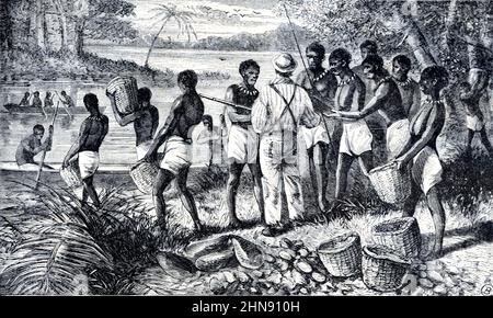 Portiers indigènes et explorateur européen Pierre Savorgnan de Brazza sur le fleuve Congo dans le bassin du Haut-Congo en Afrique. Illustration ancienne ou gravure 1881 Banque D'Images