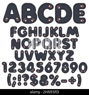Alphabet, lettres, chiffres et signes doux et noirs avec pattes roses. Ensemble d'objets vectoriels isolés sur fond blanc. Illustration de Vecteur