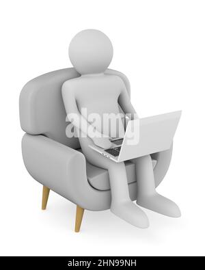 homme avec ordinateur portable sur fond blanc. Illustration isolée 3D Banque D'Images