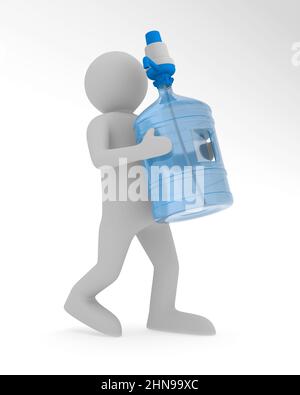 homme avec bouteille d'eau sur fond blanc. Illustration isolée 3D Banque D'Images