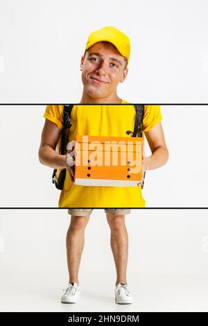 Un livreur mignon en uniforme jaune livre la commande de pizza au client isolé sur fond blanc. Concept de commodité, de confort, de sécurité, de service Banque D'Images