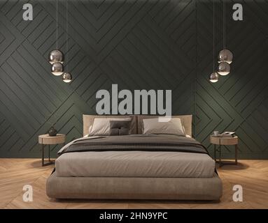 Chambre moderne avec murs vert foncé, parquet, lit principal avec deux tables de chevet rondes avec lampes. 3d rendu Banque D'Images