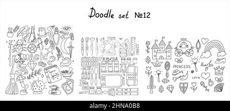 Outils d'art, collections Fairy Tale Princess Doodles. Articles magiques. Collection halloween éléments vecteur main dessins ilustration arrière-plan isolé Illustration de Vecteur