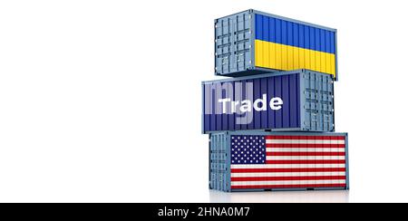 Conteneurs de fret avec drapeaux nationaux des États-Unis et de l'Ukraine. 3D rendu Banque D'Images