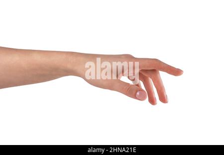 Femme main montrant, touchant ou pointant avec l'index vers quelque chose. Mouvement de la main isolé sur fond blanc. Photo de haute qualité Banque D'Images