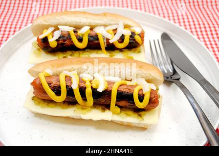 Hot dogs avec oignons, relish et moutarde sur une assiette Banque D'Images