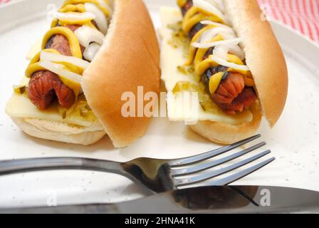 Hot dogs avec oignons, relish et moutarde sur une assiette Banque D'Images