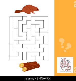 Illustration de dessin animé d'un jeu éducatif de puzzle de labyrinthe pour les enfants avec des castors et des bois de rondins. Jeu simple pour les enfants avec solution Illustration de Vecteur