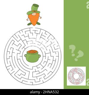 Jeu de labyrinthe pour les enfants. Aidez gnome leprechaun à trouver son chemin vers le pot d'or. Jeu pour enfants avec réponse Illustration de Vecteur
