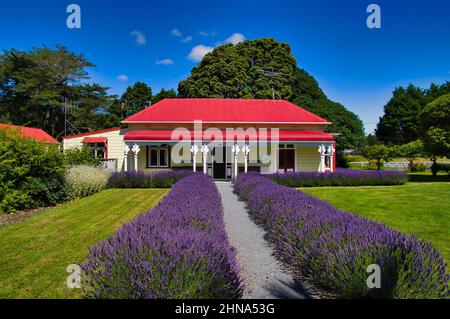 Ancienne résidence de Battle Hill Farm, aujourd'hui le bureau des Rangers du parc forestier de Battle Hill Farm, à Porirua, Île du Nord, Nouvelle-Zélande Banque D'Images