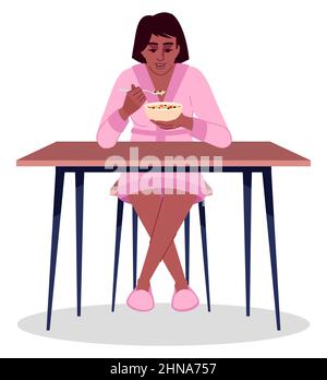 Femme mangeant des flocons avec lait semi-plat RVB vecteur de couleur illustration Illustration de Vecteur