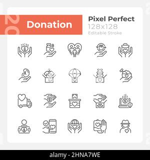 Ensemble d'icônes linéaires pixel Perfect pour les occasions de don Illustration de Vecteur