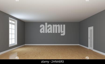 Concept intérieur de chambre vide avec fenêtre et porte blanche. Parquet brillant clair, murs gris et un Plinth blanc. Vue en perspective. Haute qualité 3D Renderi Banque D'Images